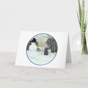 Tarjeta Festiva Westies y Scottie con el muñeco de nieve