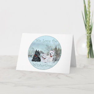 Tarjeta Festiva Westies y Scottie en invierno