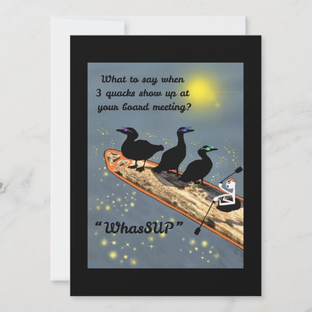 Tarjeta Festiva "WhasSUP" con patos en la placa SUP (Anverso)