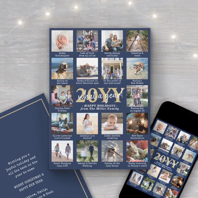Tarjeta Festiva What a Year 18 Photo Collage & Captions Navy Blue (Subido por el creador)