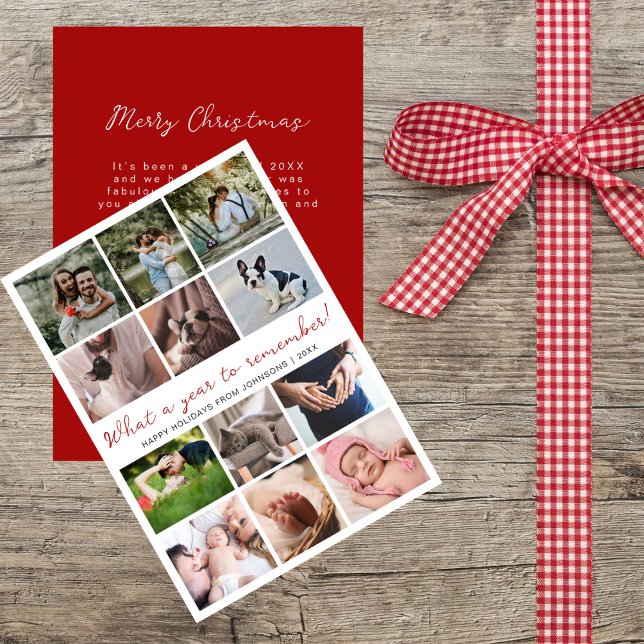 Tarjeta Festiva What a Year Red 12 Photo Collage Christmas (Subido por el creador)
