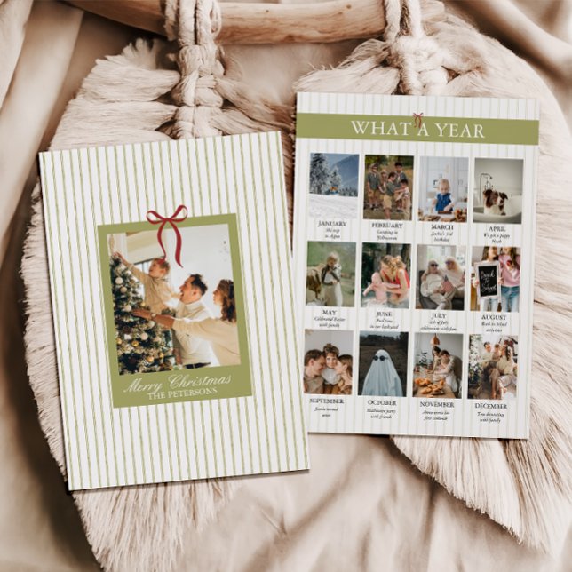 Tarjeta Festiva What a Year Striped Green Red Photo Christmas (What a Year Striped Whimsical Christmas Card)