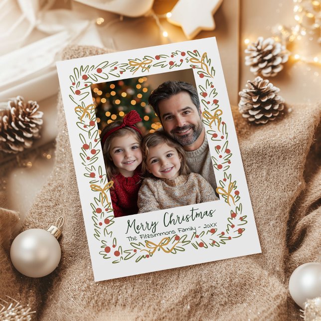 Tarjeta Festiva Whimiscal Christmas Wreath & Bows Photo Card (Whimsical Christmas Wreath holiday family photo card)