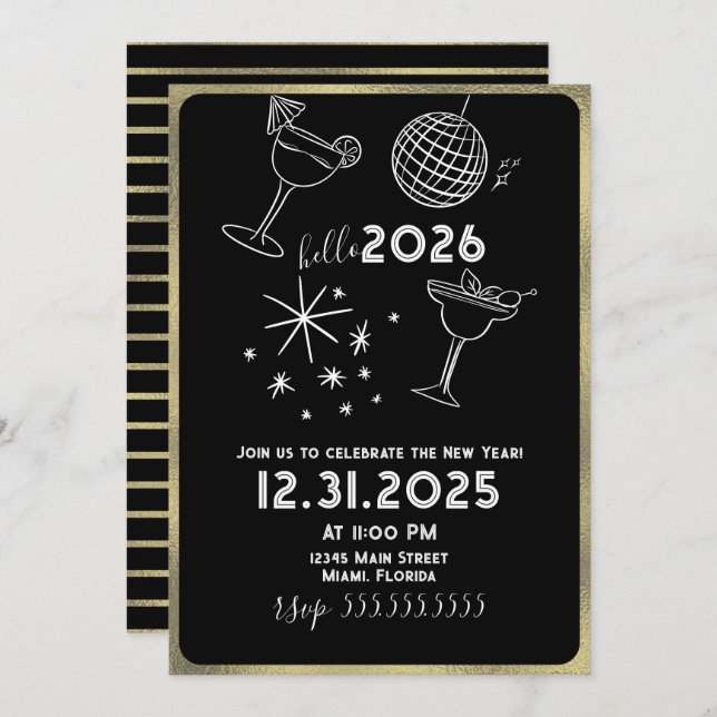 Tarjeta Festiva Whimiscal Doodles Hello 2026 New Years Gold (Anverso / Reverso)