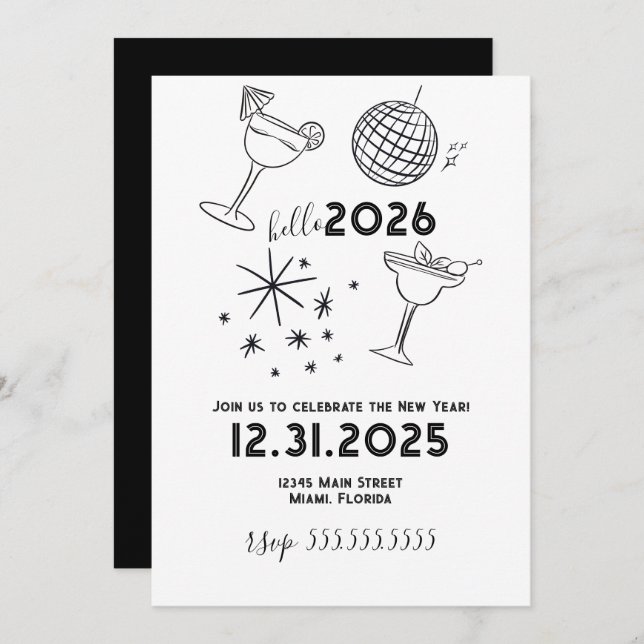 Tarjeta Festiva Whimiscal Doodles Hello 2026 New Years Gold (Anverso / Reverso)