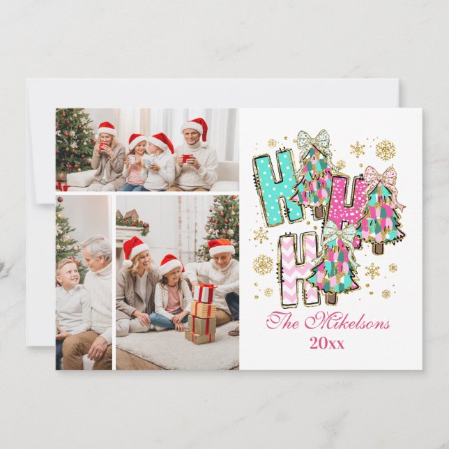 Tarjeta Festiva Whimsical 3 Photo  Ho Ho Ho Christmas Family  (Anverso)