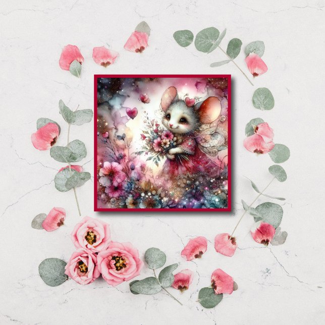 Tarjeta Festiva Whimsical acuarela Corazón de San Valentín Ratón (Subido por el creador)