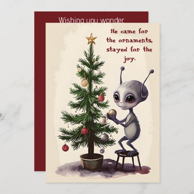 Tarjeta Festiva Whimsical Alien Christmas Tree Scene  (Anverso / Reverso)