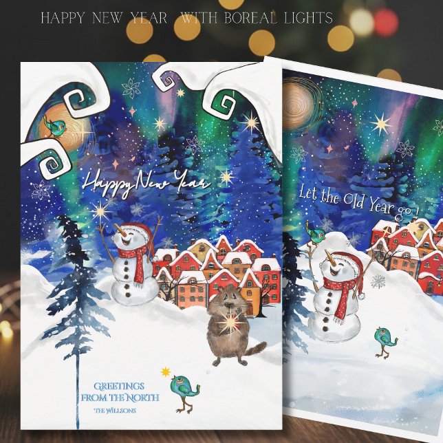Tarjeta Festiva Whimsical Beaver and Snowman Northern Light (Whimsical Beaver and Snowman Northern Light Holiday Card)