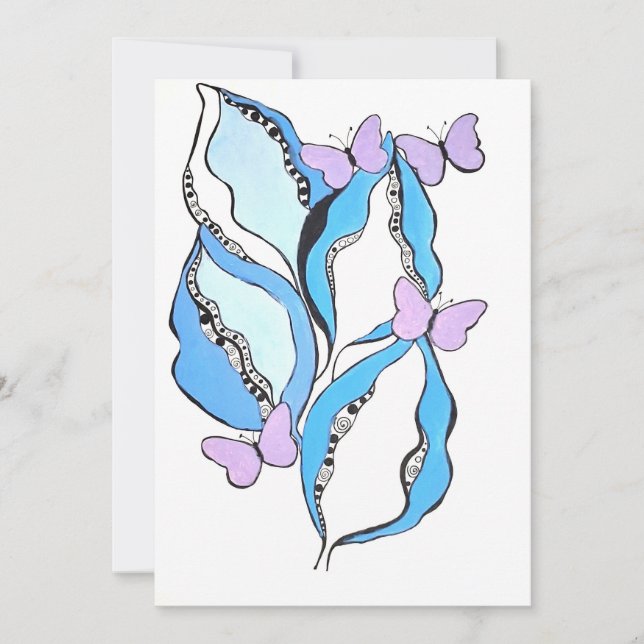 Tarjeta Festiva Whimsical Blue Leaves and Purple Butterflies (Anverso)
