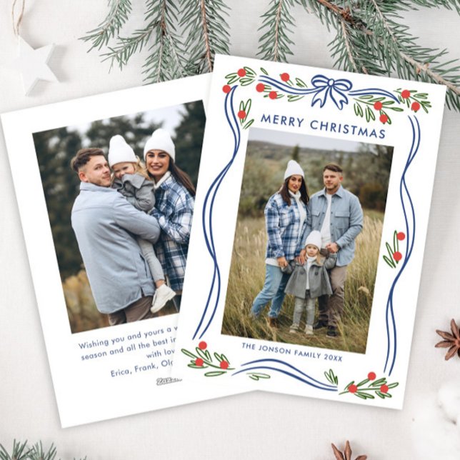 Tarjeta Festiva Whimsical Boho Blue Navidades doblan cinta de opci (Subido por el creador)