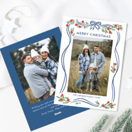 Tarjeta Festiva Whimsical Boho Blue Navidades doblan cinta de opci