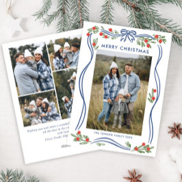 Tarjeta Festiva Whimsical Boho Blue Navidades doblan cinta de opci