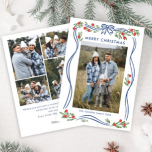 Tarjeta Festiva Whimsical Boho Blue Navidades doblan cinta de opci