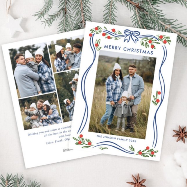 Tarjeta Festiva Whimsical Boho Blue Navidades doblan cinta de opci (Subido por el creador)