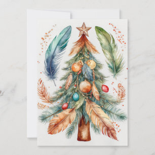 Tarjeta Festiva Whimsical Boho Christmas Tree Ornaments & Fethers