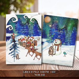 Tarjeta Festiva Whimsical Boreal Lights Nordic Village New Year