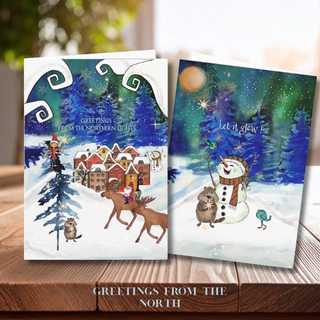 Tarjeta Festiva Whimsical Boreal Lights Nordic Village New Year (Whimsical Boreal Lights Nordic Village New Year Holiday Card)