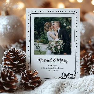 Tarjeta Festiva Whimsical Bow   Foto casada y Merry recién casada