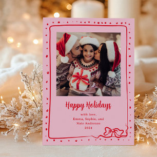 Tarjeta Festiva Whimsical Bow Fotografía Feliz feriados rosa y r