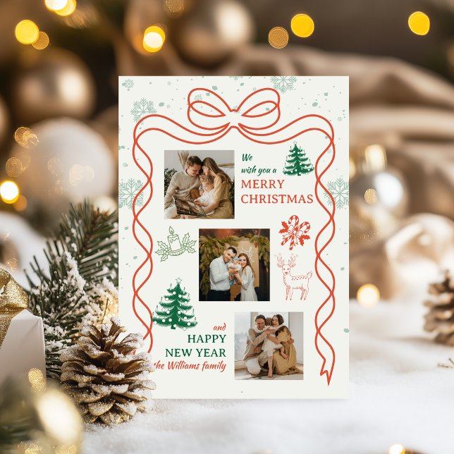 Tarjeta Festiva Whimsical Bow & Holiday Icons Photo Christmas Card (Subido por el creador)