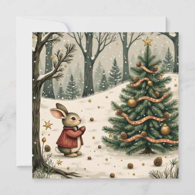 Tarjeta Festiva Whimsical Bunny with Christmas Tree in Forest Flat (Anverso)