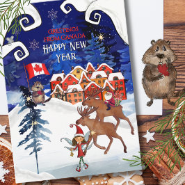 Tarjeta Festiva Whimsical Canadian Village & Moose New Year