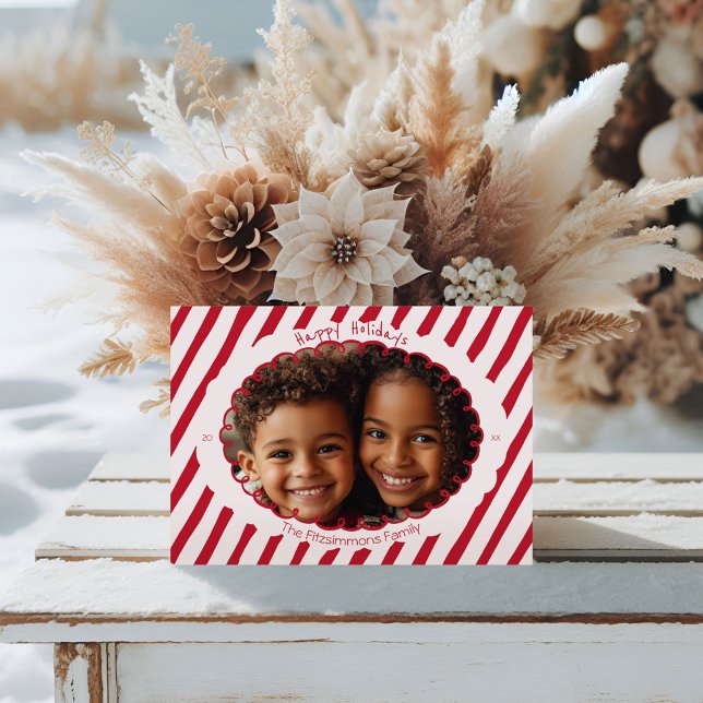 Tarjeta Festiva  Whimsical Candy Cane Stripe Holiday Photo Card (Retro Candy Cane Whimsical Striped Christmas card)