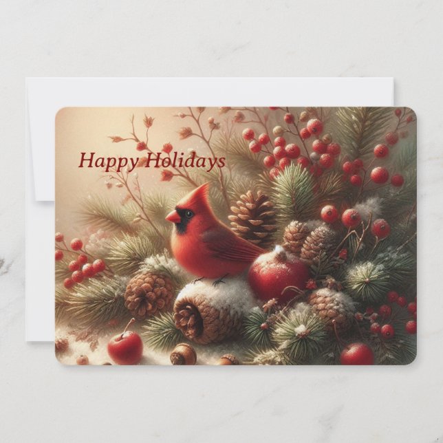 Tarjeta Festiva Whimsical Cardinal & Winter Berries Holiday Card (Anverso)
