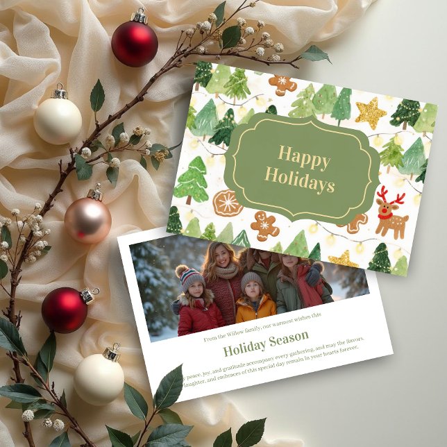 Tarjeta Festiva Whimsical Charming Watercolor Christmas Desing (Whimsical Charming Watercolor Style Festive Christmas Holidays Cards with Back Photo. )