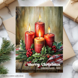 Tarjeta Festiva Whimsical Christmas candles rustic pine wreath