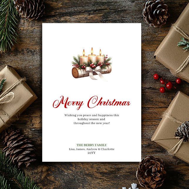 Tarjeta Festiva Whimsical Christmas candles wooden log greeting (Whimsical Christmas candles wooden log greeting Holiday Card)