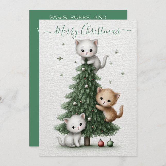 Tarjeta Festiva Whimsical Christmas Card with Cartoon Kittens  (Anverso / Reverso)
