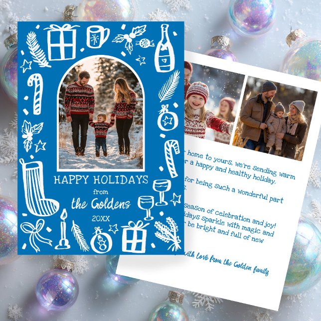 Tarjeta Festiva Whimsical Christmas  Cute Custom Arch 3 PHOTO  (Whimsical Christmas Doodle Hand-drawn Sketch Blue Cute Custom Arch 3 PHOTO Winter Holiday Card
)