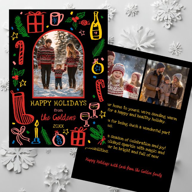 Tarjeta Festiva Whimsical Christmas  Cute Custom Arch 3 PHOTO  (Whimsical Christmas Doodle Cute Custom Arch 3 PHOTO Holiday Card
)