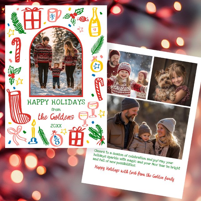 Tarjeta Festiva Whimsical Christmas  Cute Custom Arch 4 PHOTO  (Whimsical Christmas Cute Doodles Colorful Custom Arch 4 PHOTO Hand-drawn Holiday Card
)