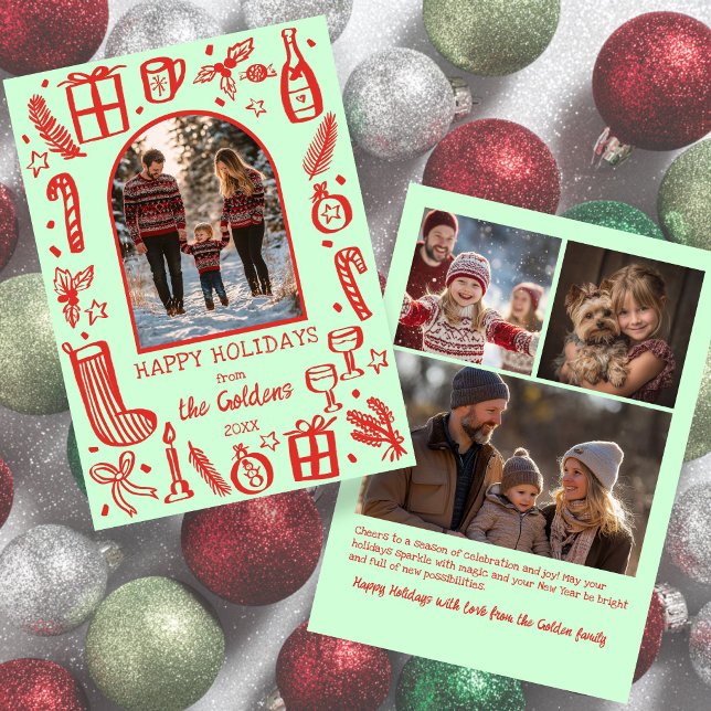 Tarjeta Festiva Whimsical Christmas  Cute Custom Arch 4 PHOTO  (Whimsical Christmas Cute Doodles Custom Arch 4 PHOTO Hand-drawn Holiday Card
)