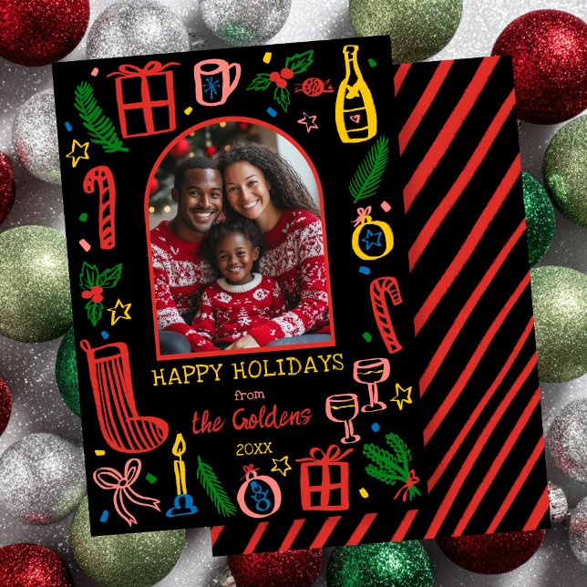 Tarjeta Festiva Whimsical Christmas  Cute Custom Arch PHOTO  (Whimsical Christmas Doodle Sketch Hand-drawn Cute Custom Arch PHOTO Holiday Card
)