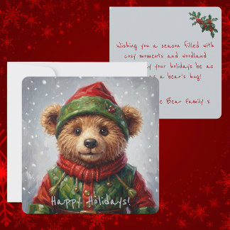 Tarjeta Festiva Whimsical Christmas Elf Teddy Bear Painterly Style