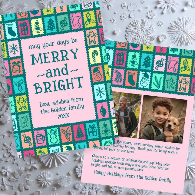 Tarjeta Festiva Whimsical Christmas Grid Cute Custom 2 PHOTO  (Whimsical Christmas Grid Cute Custom 2 PHOTO Holiday Card
)