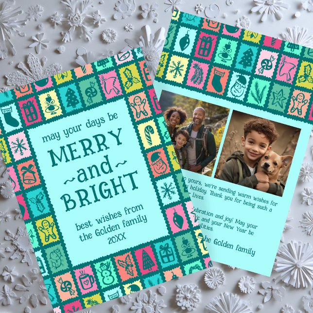 Tarjeta Festiva Whimsical Christmas Grid Cute Custom 2 PHOTO  (Whimsical Christmas Grid Cute Custom 2 PHOTO Holiday Card
)
