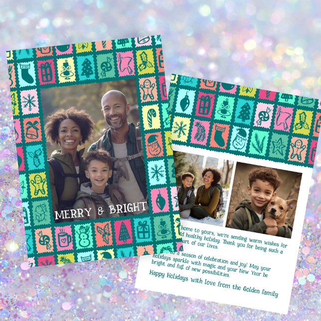 Tarjeta Festiva Whimsical Christmas Grid Cute Custom 3 PHOTO  (Whimsical Christmas Grid Cute Custom 3 PHOTO Holiday Card
)