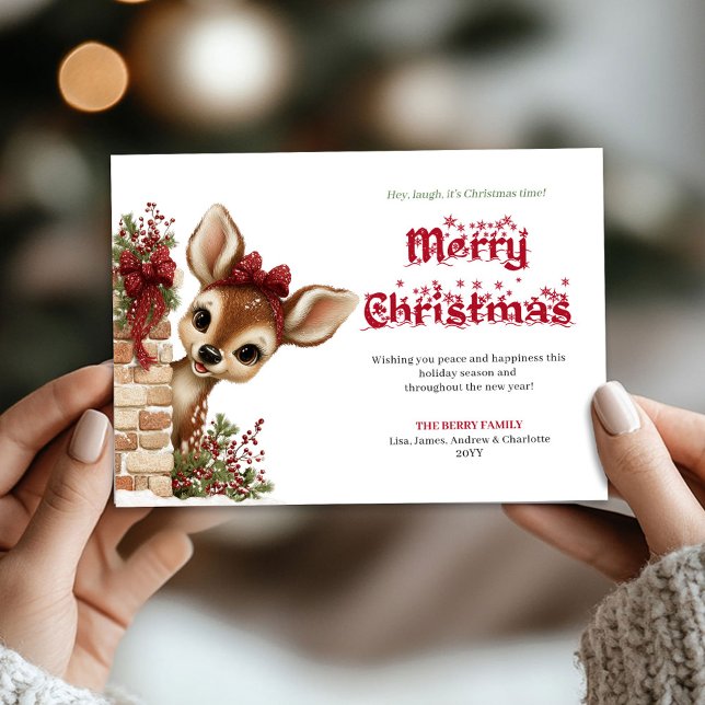 Tarjeta Festiva Whimsical Christmas peeking baby deer greeting  (Whimsical Christmas peeking baby deer greeting card)