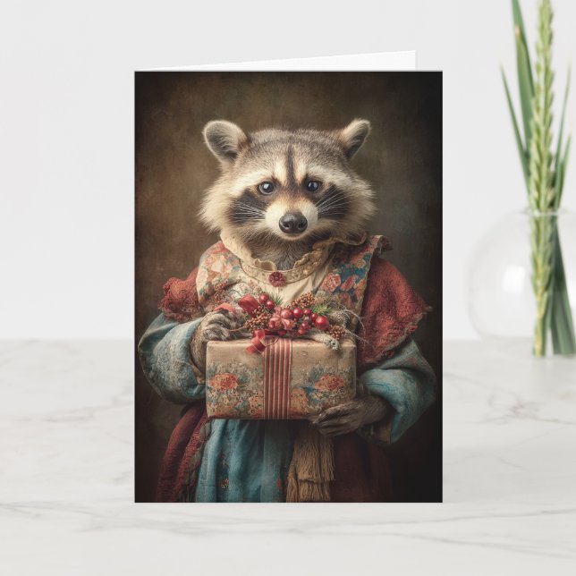 Tarjeta Festiva Whimsical Christmas Raccoon (Anverso)
