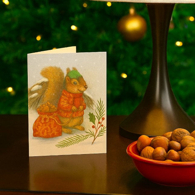 Tarjeta Festiva Whimsical Christmas Squirrel Wildlife  (Whimsical squirrel Christmas card with pencil-style illustration, woodland charm, and holiday cheer.)