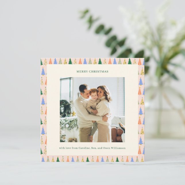 Tarjeta Festiva Whimsical Christmas Tree Border Photo Family Cute (Anverso de pie)