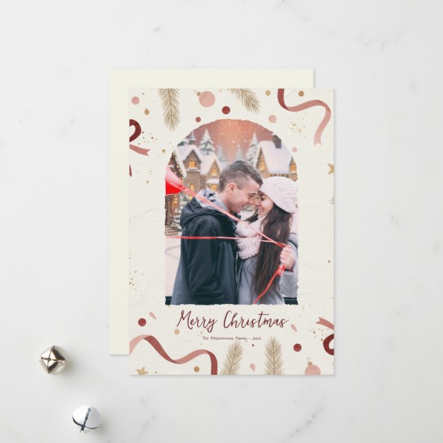 Tarjeta Festiva Whimsical Christmas Wreath & Bows Photo Card – Min (Anverso/Reverso In Situ)