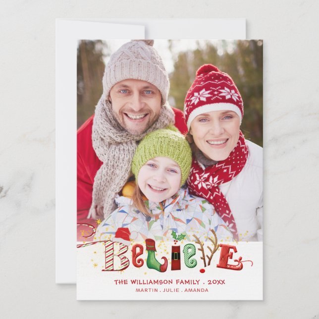 Tarjeta Festiva Whimsical Cute BELIEVE Typography Photo (Anverso)