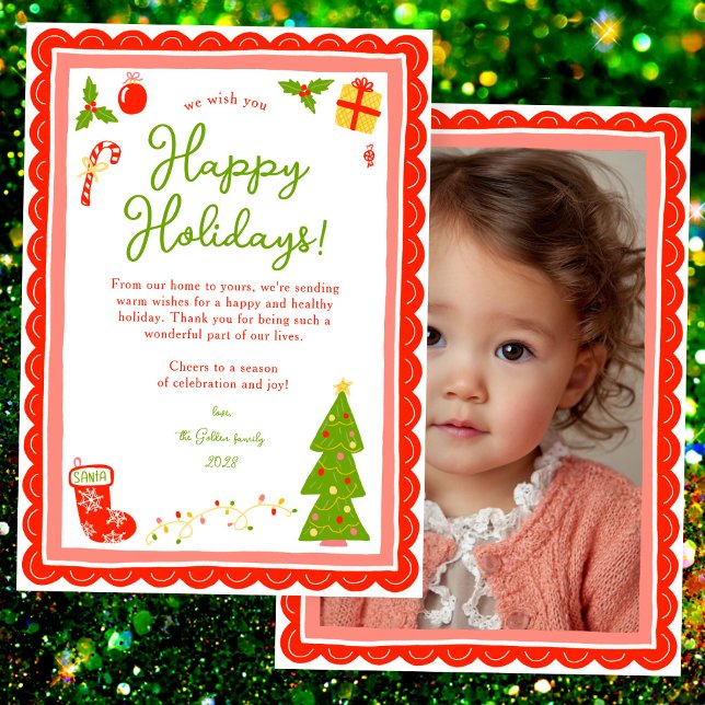 Tarjeta Festiva Whimsical Cute Christmas CUSTOM PHOTO Scalloped (Whimsical Cute Christmas Hand-drawn CUSTOM PHOTO Scalloped Edge Holiday Card
)