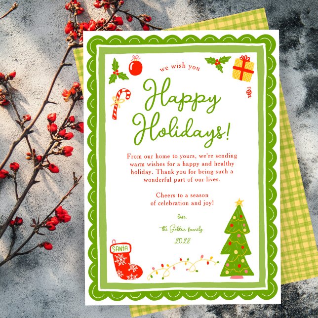 Tarjeta Festiva Whimsical Cute Christmas CUSTOM Scalloped  (Whimsical Cute Christmas CUSTOM Scalloped hand drawn no photo Holiday Card
)